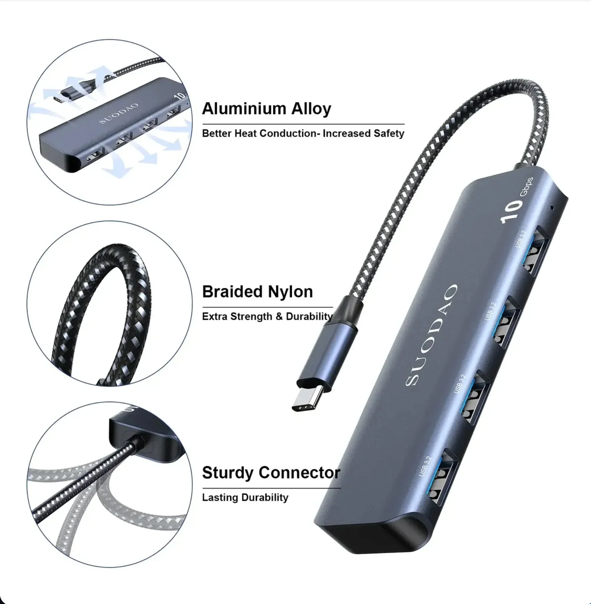 HUB SUODAO USB ADAPTER USB-C 4 PUERTOS USB-A 3.2, vista 3