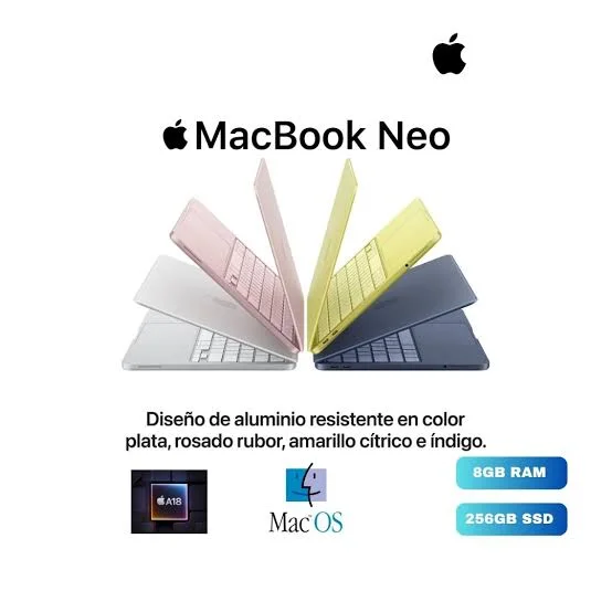 PORTÁTIL APPLE MACBOOK NEO 13" A18 PRO CHIP 6‑CORE CPU 5‑CORE GPU, 8GB RAM, 256GB SSD, vista 2